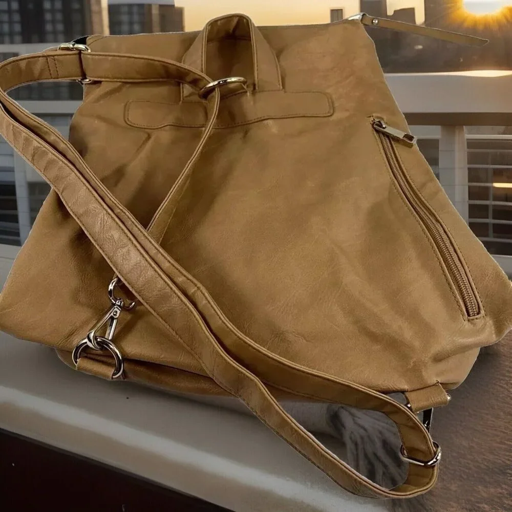 POVERTY FLATS FAUX LEATHER Boho BACKPACK Bag Purse‎ Brown/Yellow Geo Design